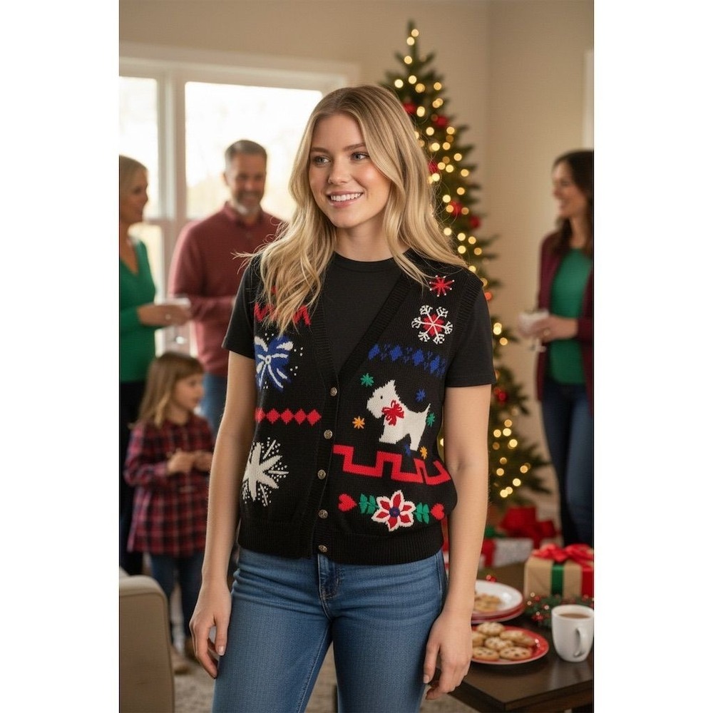 Alfred Dunner Women's M Black ugly Christmas Sweater Vest Festive Embroidery dog